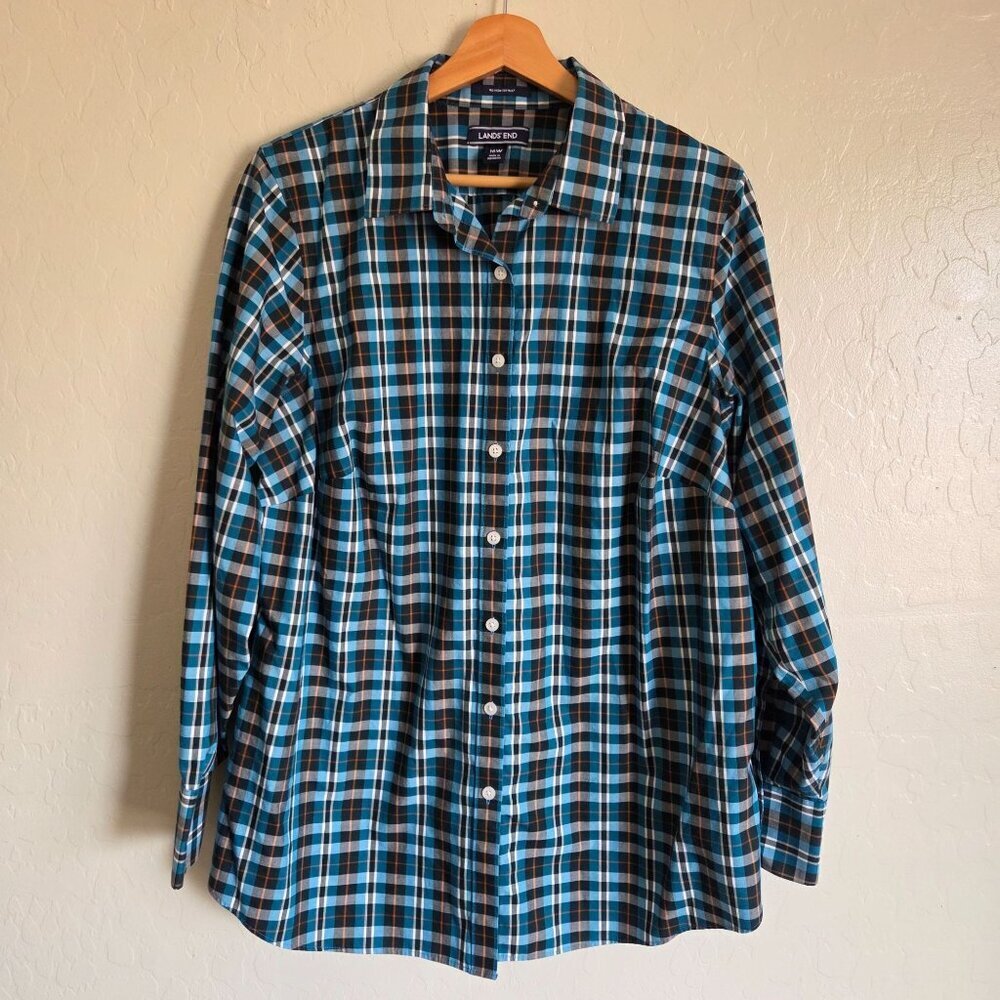 Lands' End No Iron 100% Supima Cotton Plaid Button Up Top Teal/Multi Women's 16W